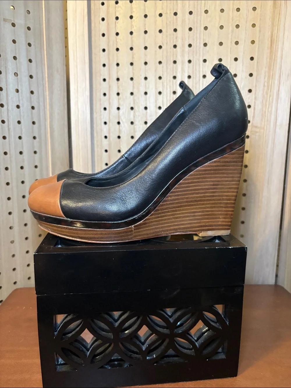 White House Black Market Black and Brown Leather wood heel Wedge Pumps